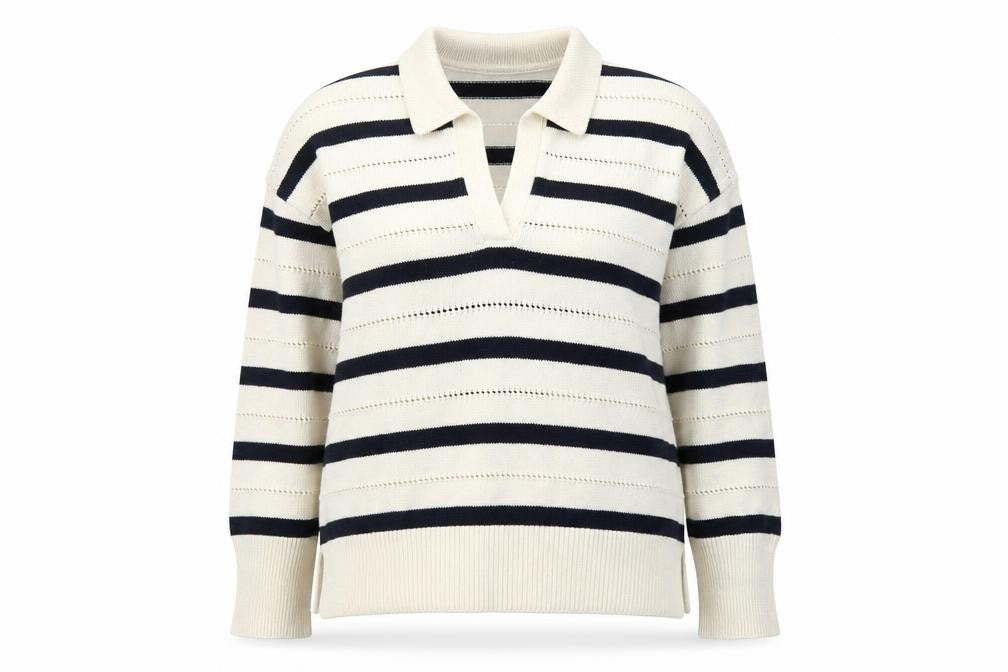 Hobbs Women’s Ivory Navy Striped Collared Knit Jumper Size M