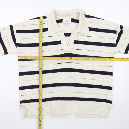 Hobbs Women’s Ivory Navy Striped Collared Knit Jumper Size M