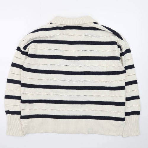 Hobbs Women’s Ivory Navy Striped Collared Knit Jumper Size M