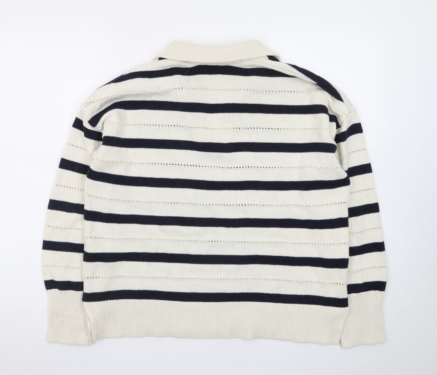 Hobbs Women’s Ivory Navy Striped Collared Knit Jumper Size M
