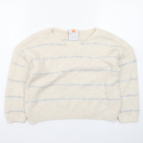 HeartKiss Women Beige Striped V-Neck Jumper L Acrylic Blend