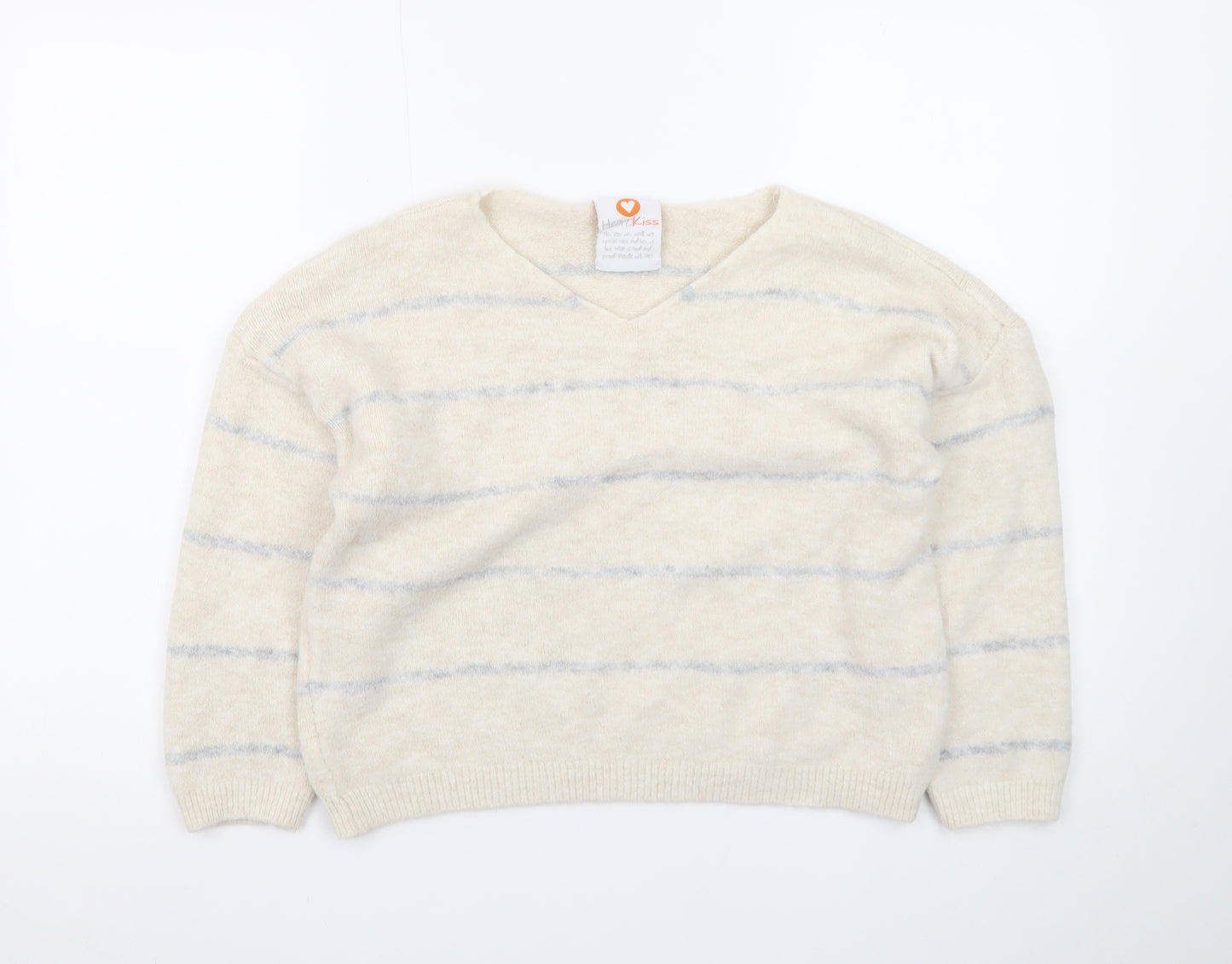 HeartKiss Women Beige Striped V-Neck Jumper L Acrylic Blend
