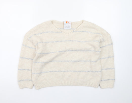 HeartKiss Women Beige Striped V-Neck Jumper L Acrylic Blend