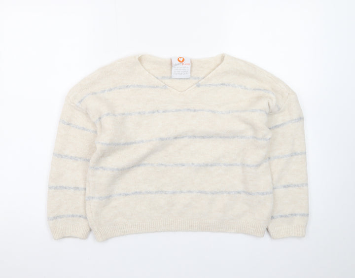 HeartKiss Women Beige Striped V-Neck Jumper L Acrylic Blend