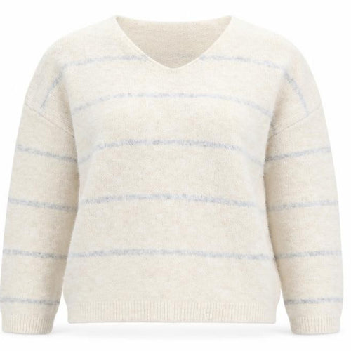 HeartKiss Women Beige Striped V-Neck Jumper L Acrylic Blend