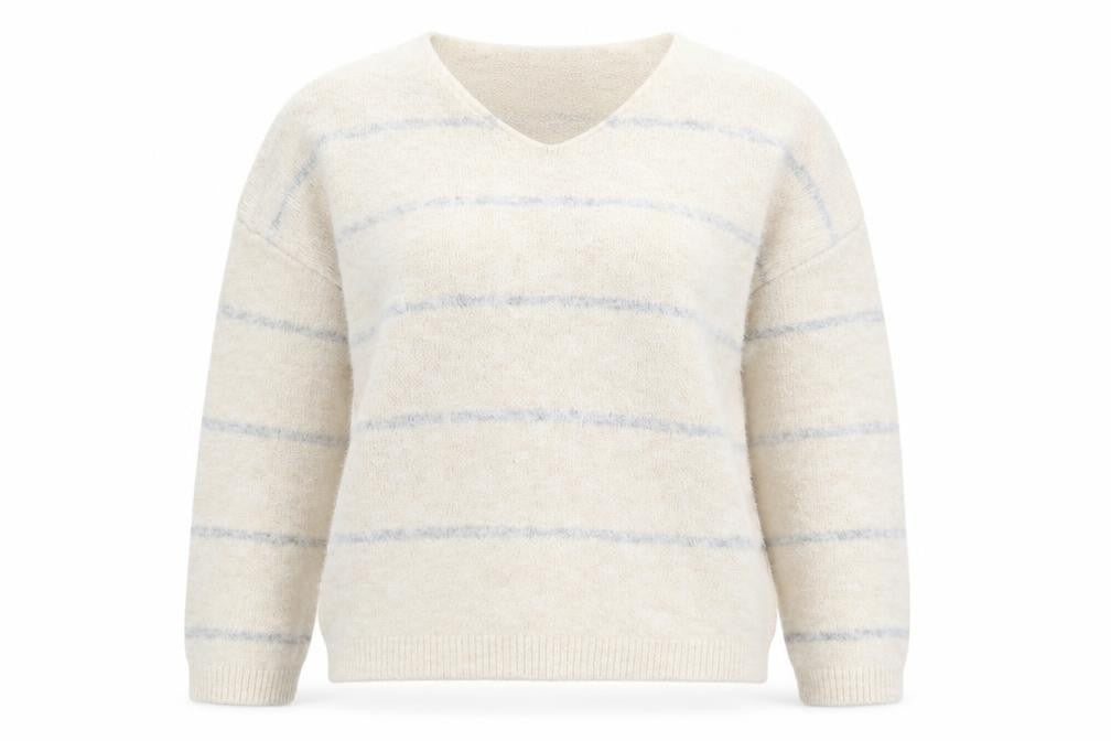 HeartKiss Women Beige Striped V-Neck Jumper L Acrylic Blend
