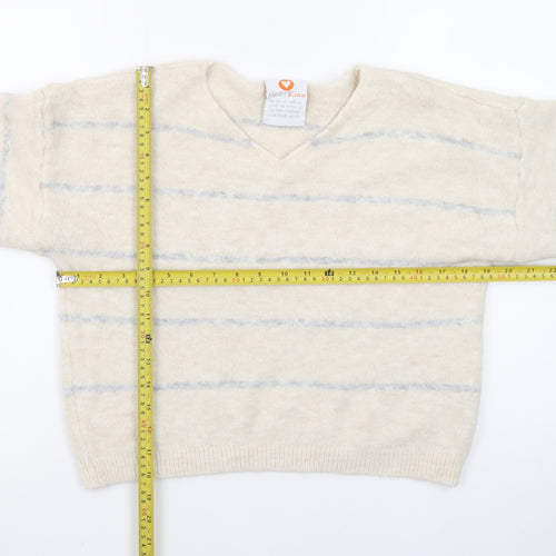 HeartKiss Women Beige Striped V-Neck Jumper L Acrylic Blend