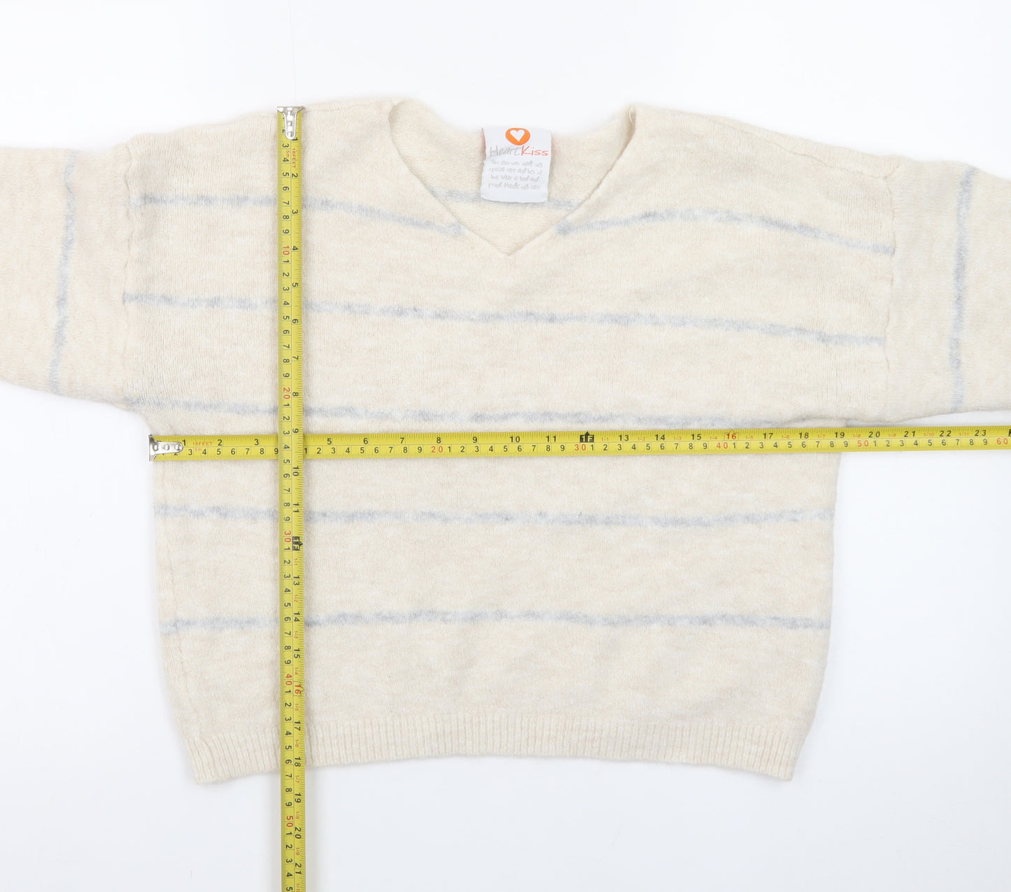HeartKiss Women Beige Striped V-Neck Jumper L Acrylic Blend