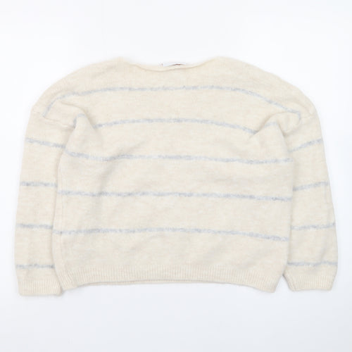 HeartKiss Women Beige Striped V-Neck Jumper L Acrylic Blend