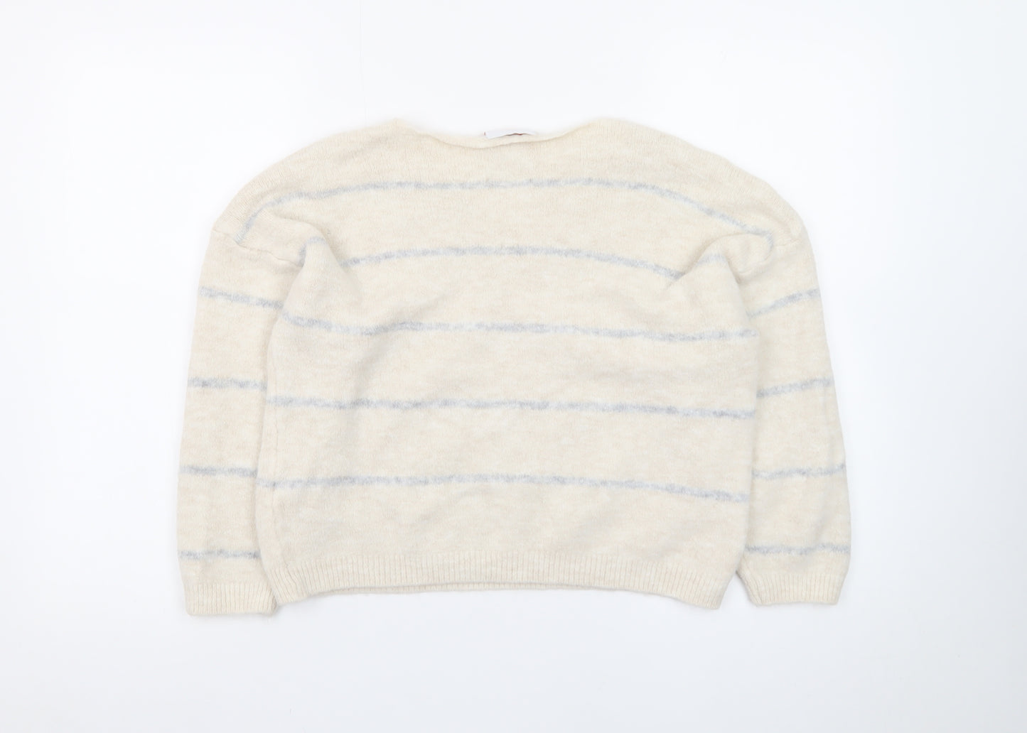 HeartKiss Women Beige Striped V-Neck Jumper L Acrylic Blend