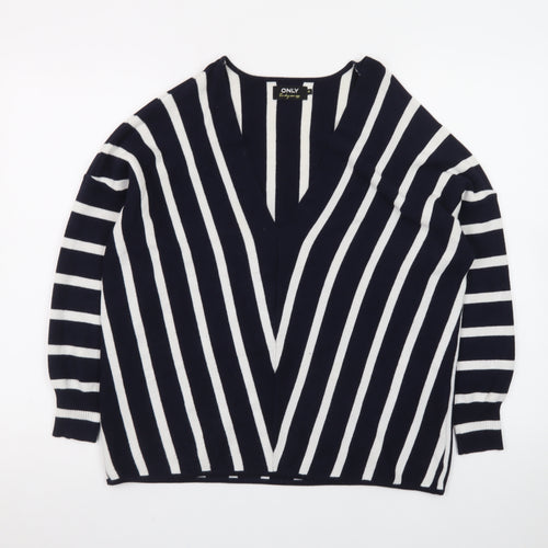 ONLY Women's Navy Blue Striped V-Neck Knit Jumper Size M