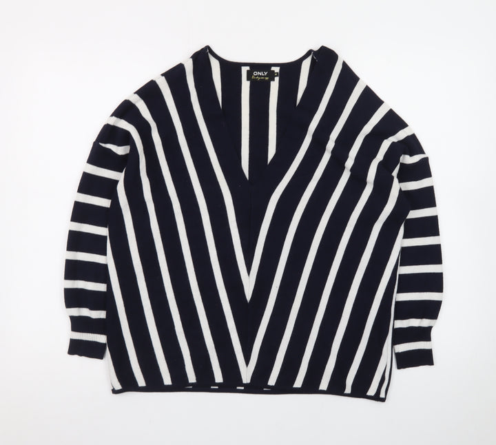 ONLY Women's Navy Blue Striped V-Neck Knit Jumper Size M