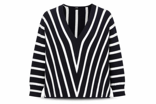 Front view of Only Women's Navy Blue Striped V-Neck Knit Jumper, size M