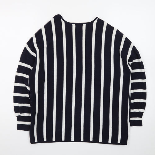 ONLY Women's Navy Blue Striped V-Neck Knit Jumper Size M