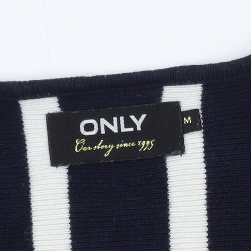 ONLY Women's Navy Blue Striped V-Neck Knit Jumper Size M