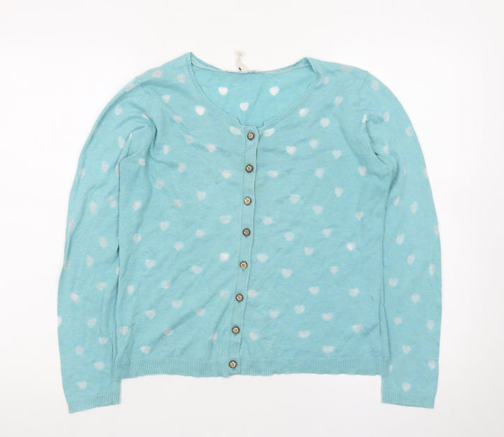 White Stuff Women's Blue Heart Print Button Cardigan Size 12