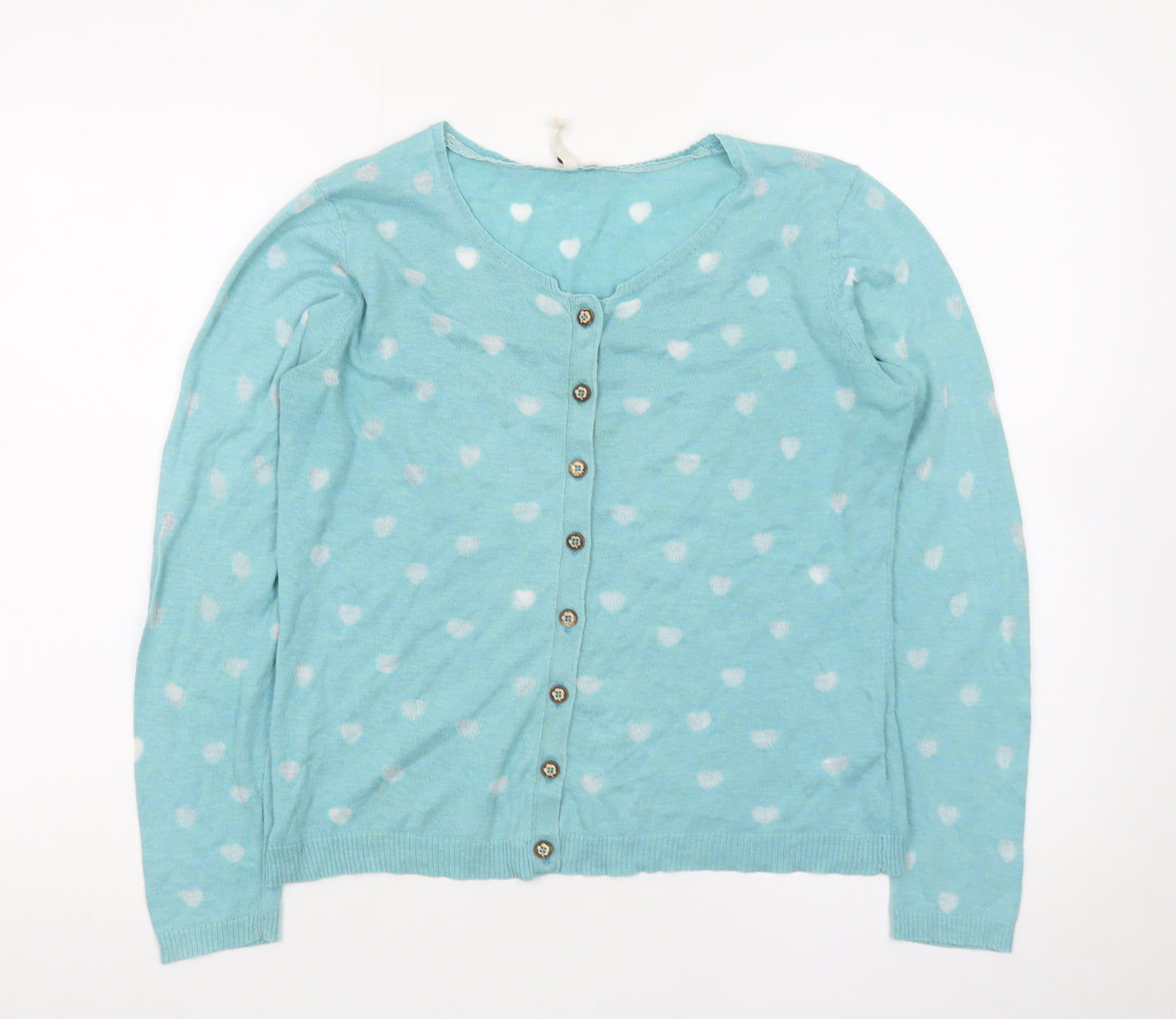 White Stuff Women's Blue Heart Print Button Cardigan Size 12