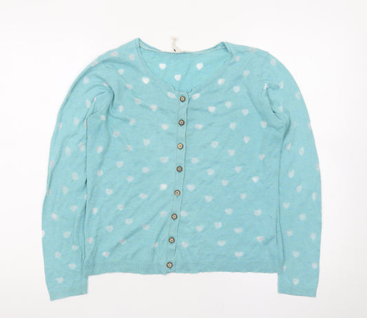 White Stuff Women's Blue Heart Print Button Cardigan Size 12