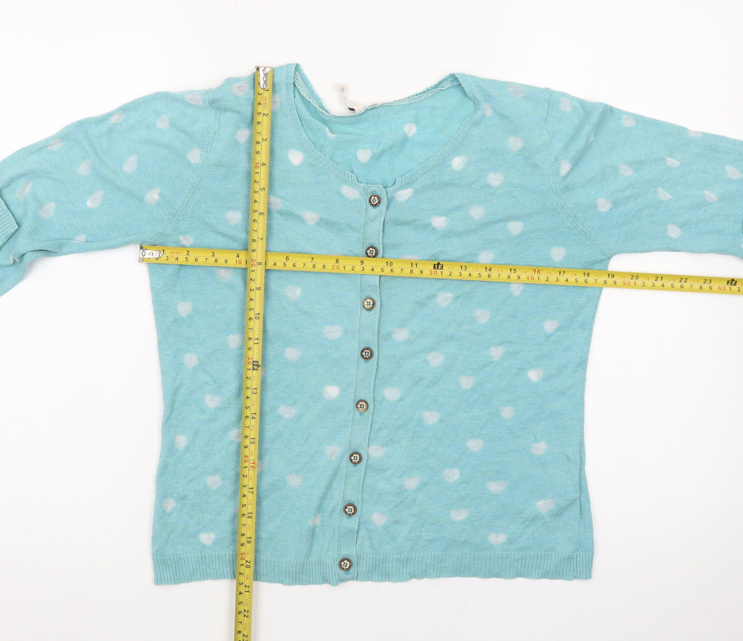 White Stuff Women's Blue Heart Print Button Cardigan Size 12