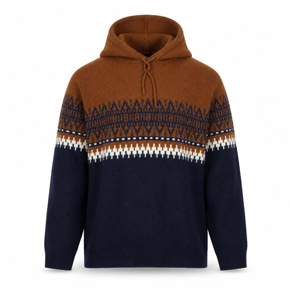 Front view of Next Men’s Brown & Navy Fair Isle Hooded Jumper, size L