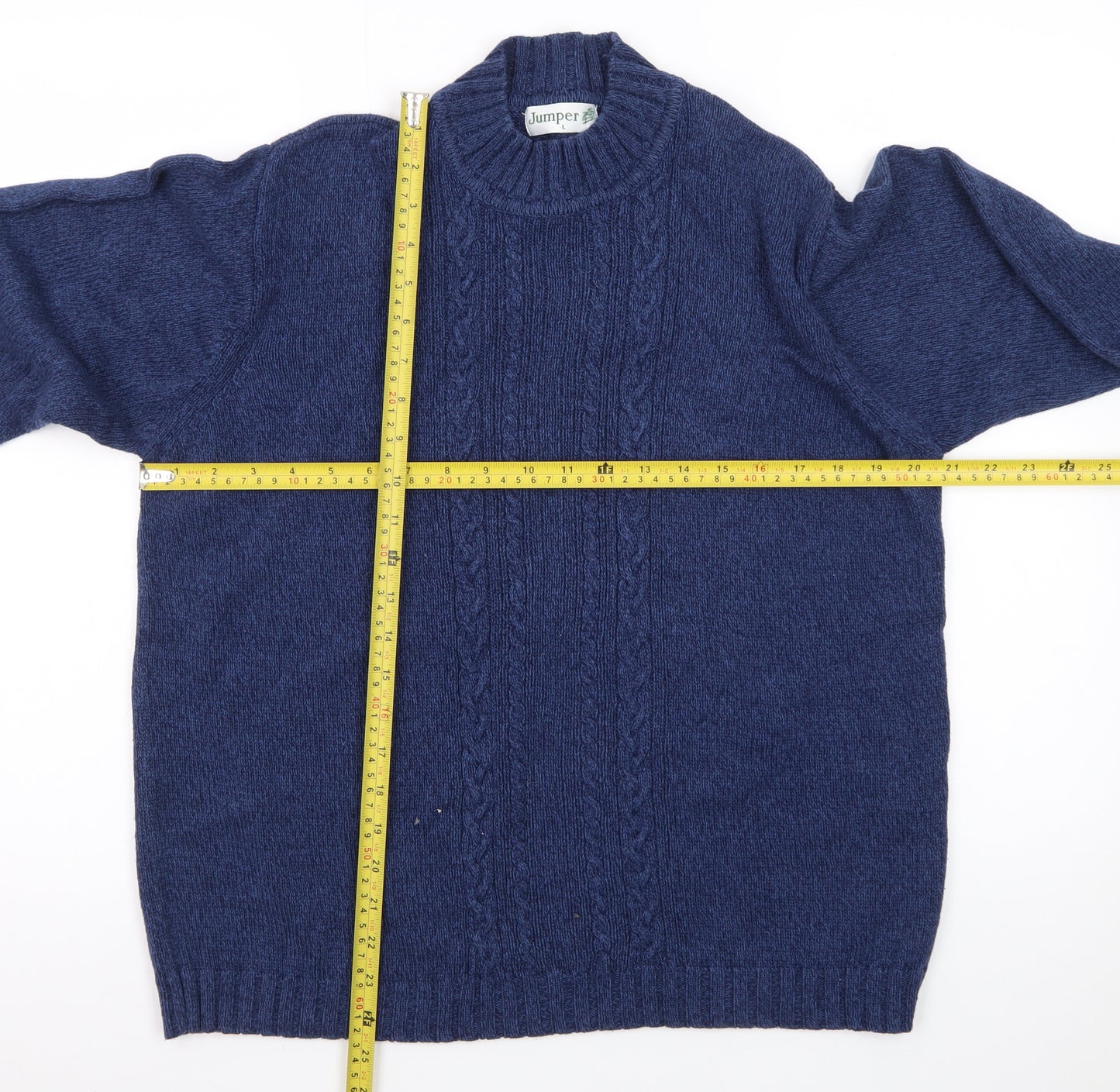 Jumper Blue Men's L Cable Knit Cotton Crew Neck Pullover