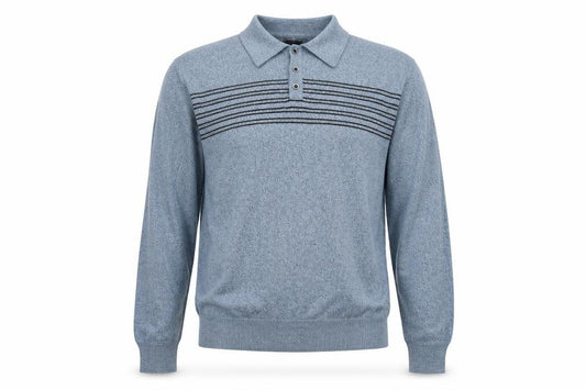 Front view of Dockers men’s blue collared henley jumper, size L, long sleeve