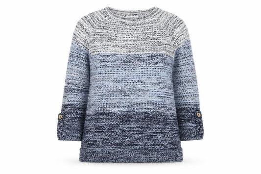 Front view of Mantaray Women's Blue Chunky Knit 3/4 Sleeve Jumper, size 10