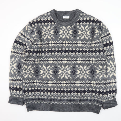 EASY Men's Grey Fair Isle Wool Blend Crew Neck Jumper XL