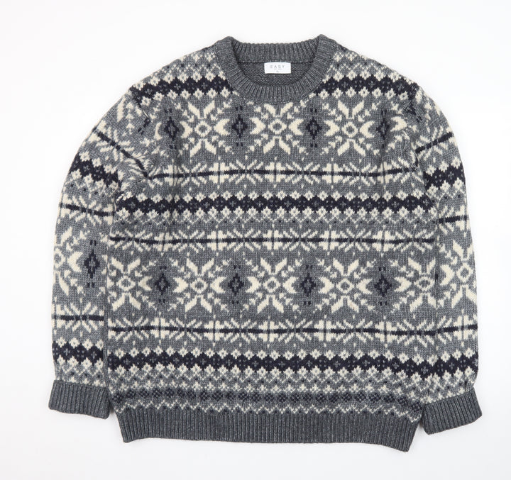 EASY Men's Grey Fair Isle Wool Blend Crew Neck Jumper XL
