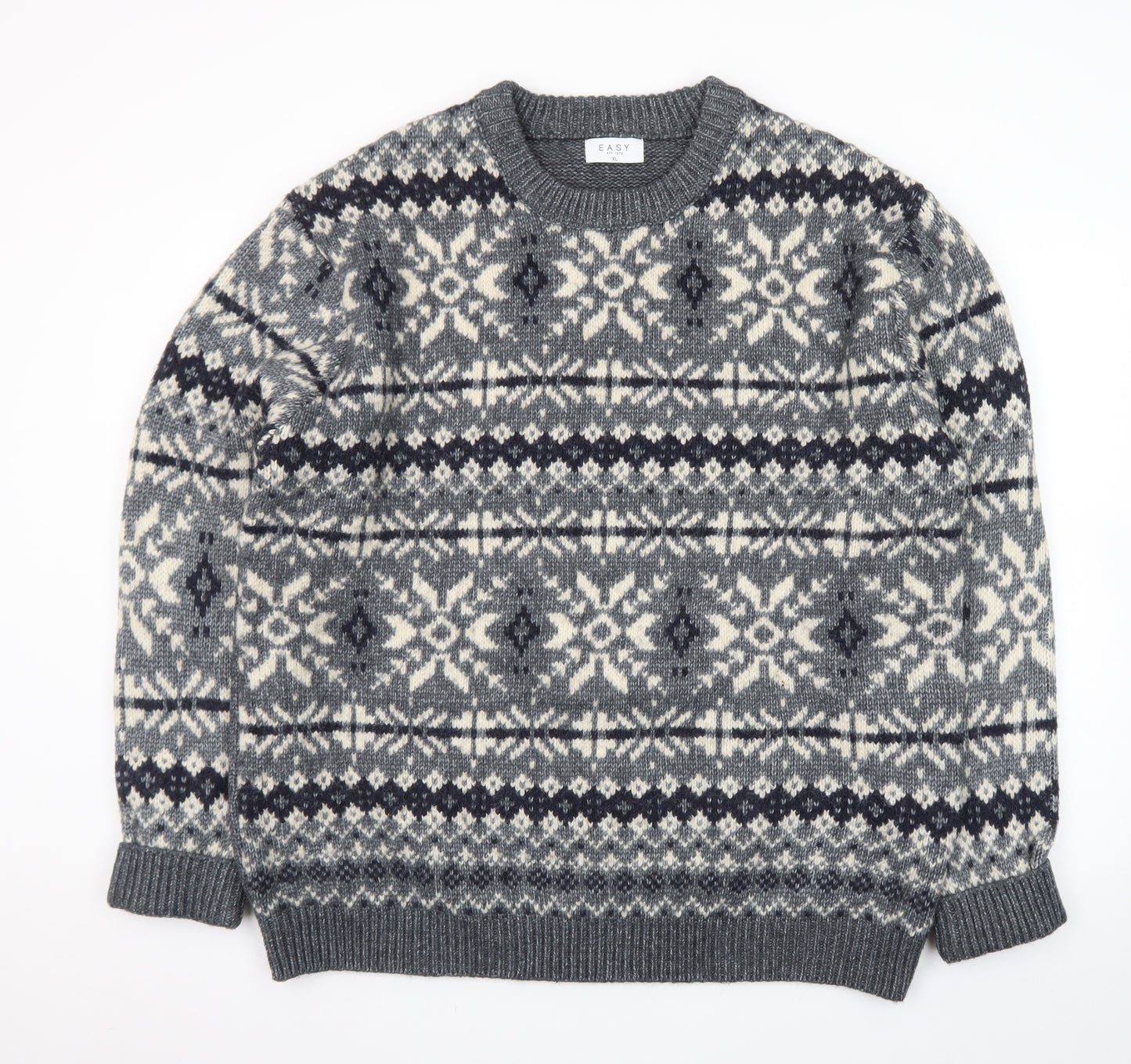EASY Men's Grey Fair Isle Wool Blend Crew Neck Jumper XL
