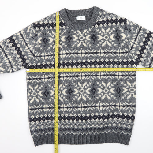 EASY Men's Grey Fair Isle Wool Blend Crew Neck Jumper XL