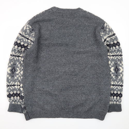 EASY Men's Grey Fair Isle Wool Blend Crew Neck Jumper XL