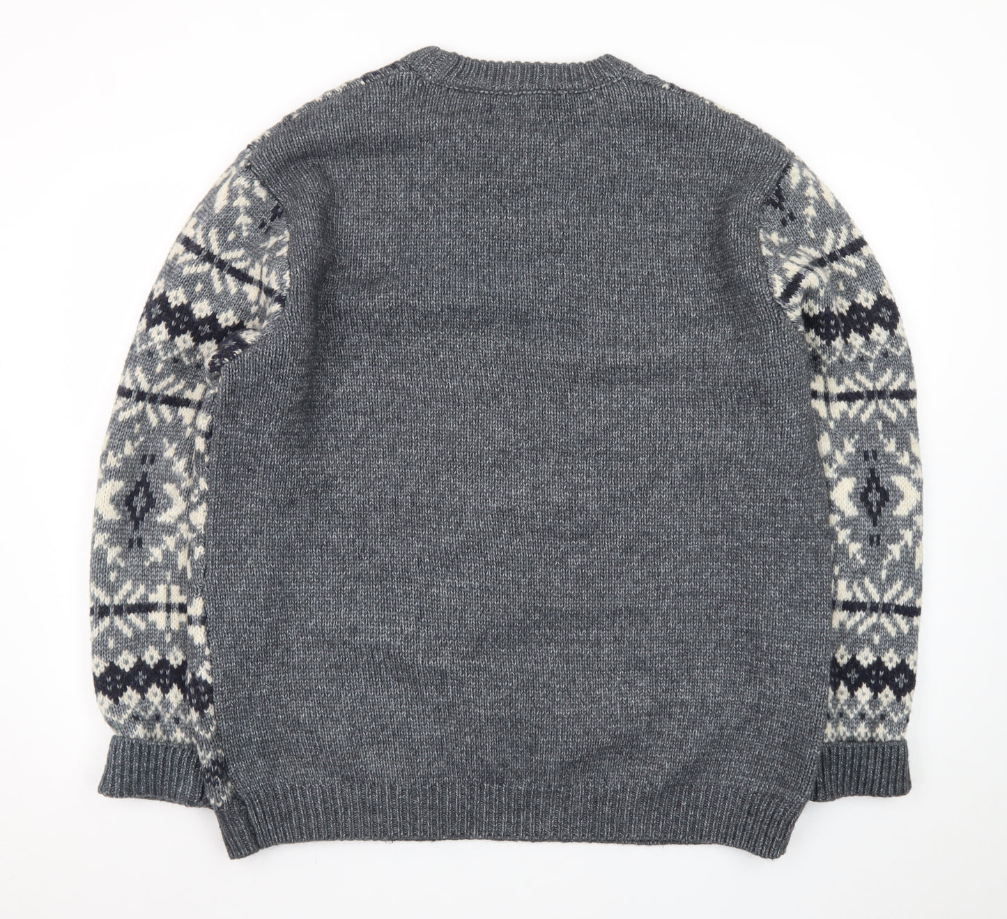 EASY Men's Grey Fair Isle Wool Blend Crew Neck Jumper XL