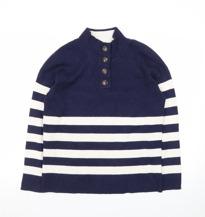 Crew Clothing Women’s Blue Striped Henley Mock Neck Jumper Size 10