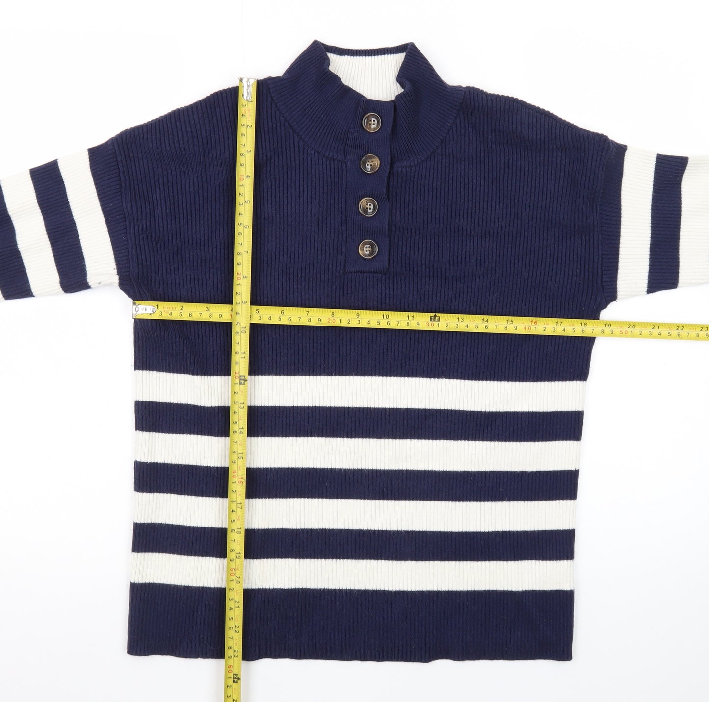 Crew Clothing Women’s Blue Striped Henley Mock Neck Jumper Size 10
