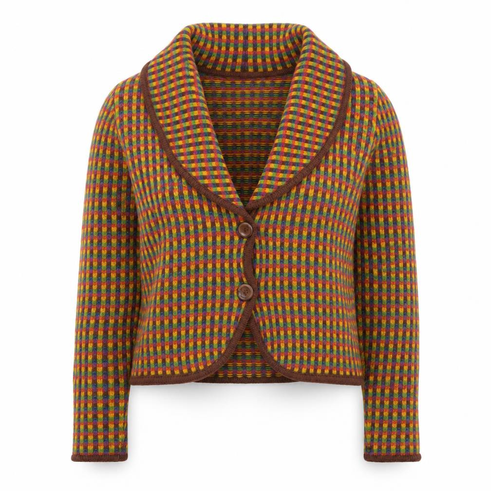 Front view of Ivko Women's Multicoloured Wool Check Cardigan, size S
