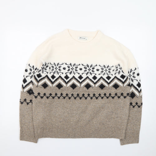Finery Women Beige Fair Isle Knit Jumper Size S/M Crew Neck Winter
