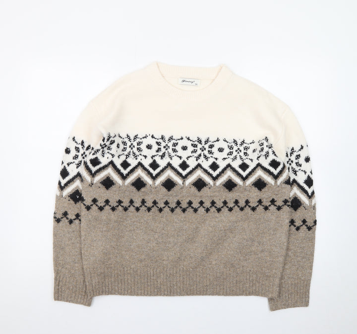 Finery Women Beige Fair Isle Knit Jumper Size S/M Crew Neck Winter