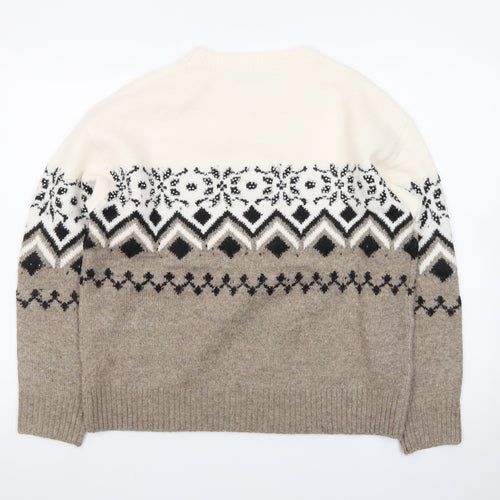 Finery Women Beige Fair Isle Knit Jumper Size S/M Crew Neck Winter