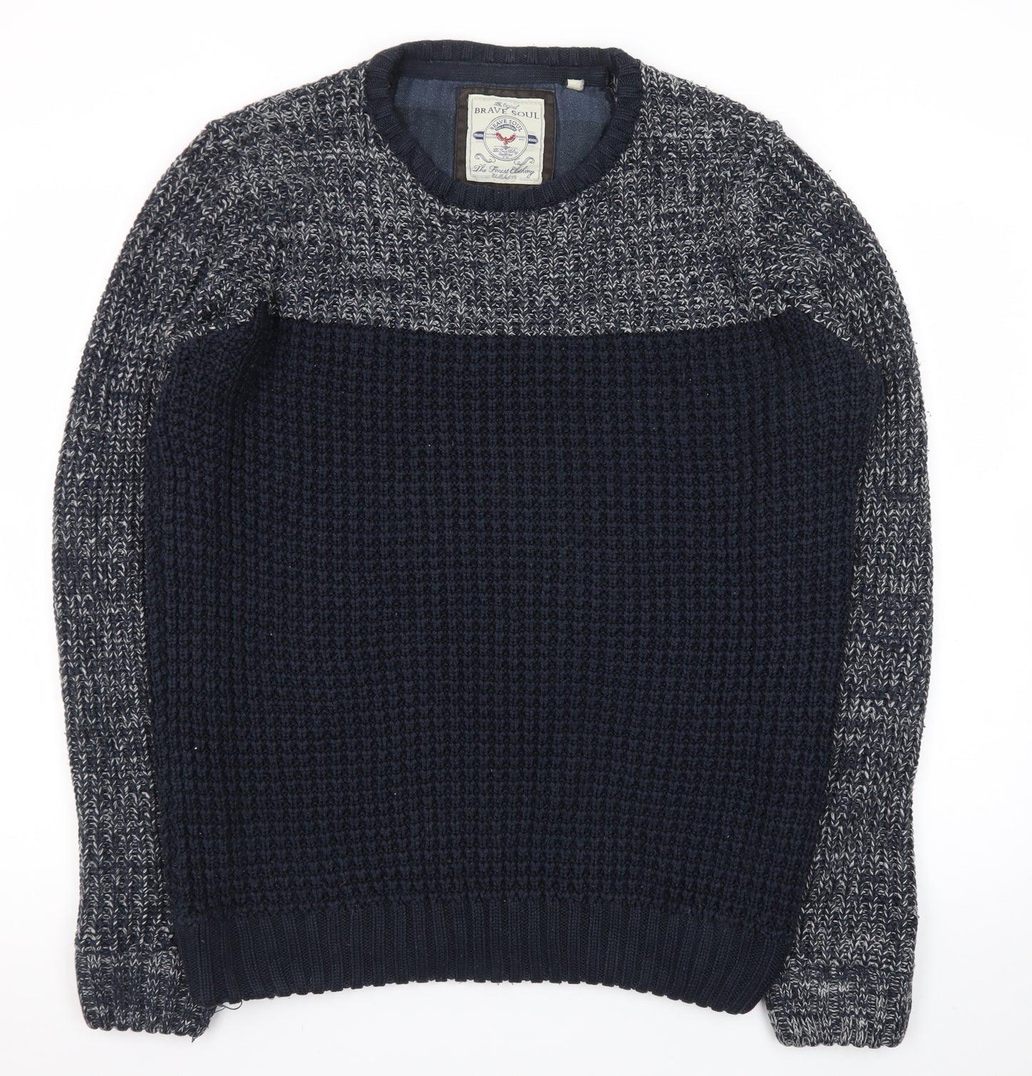 Brave Soul Mens Blue Waffle-Knit Crew Neck Jumper Size L