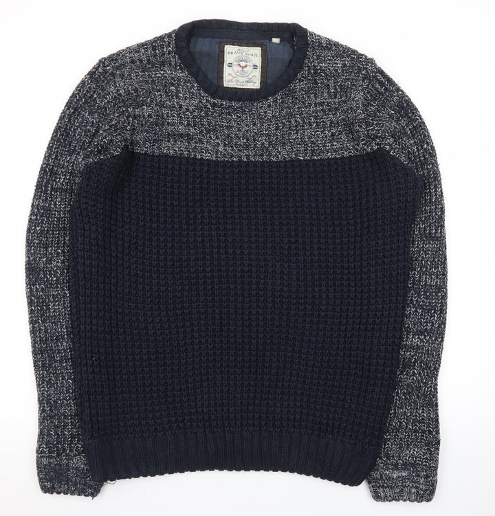 Brave Soul Mens Blue Waffle-Knit Crew Neck Jumper Size L
