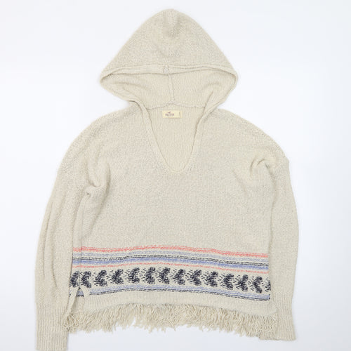 Hollister Women Beige Hooded Pullover Jumper S Cotton Fringe Knit