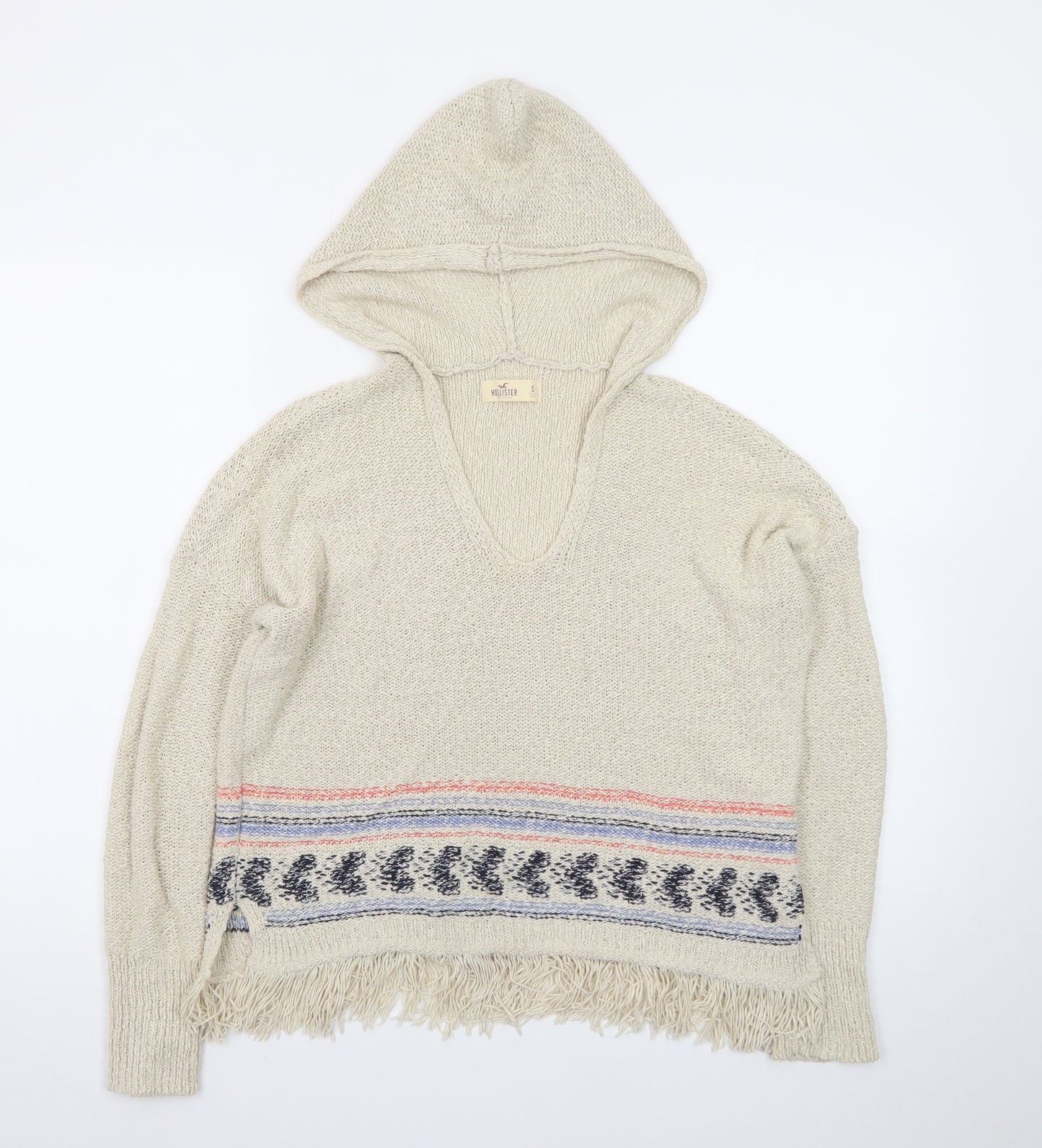 Hollister Women Beige Hooded Pullover Jumper S Cotton Fringe Knit