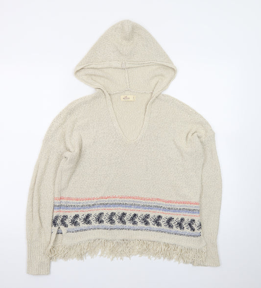 Hollister Women Beige Hooded Pullover Jumper S Cotton Fringe Knit