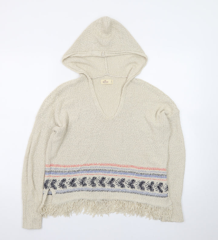 Hollister Women Beige Hooded Pullover Jumper S Cotton Fringe Knit