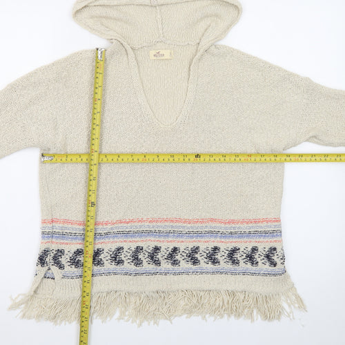 Hollister Women Beige Hooded Pullover Jumper S Cotton Fringe Knit