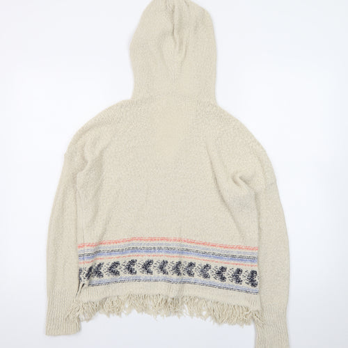 Hollister Women Beige Hooded Pullover Jumper S Cotton Fringe Knit