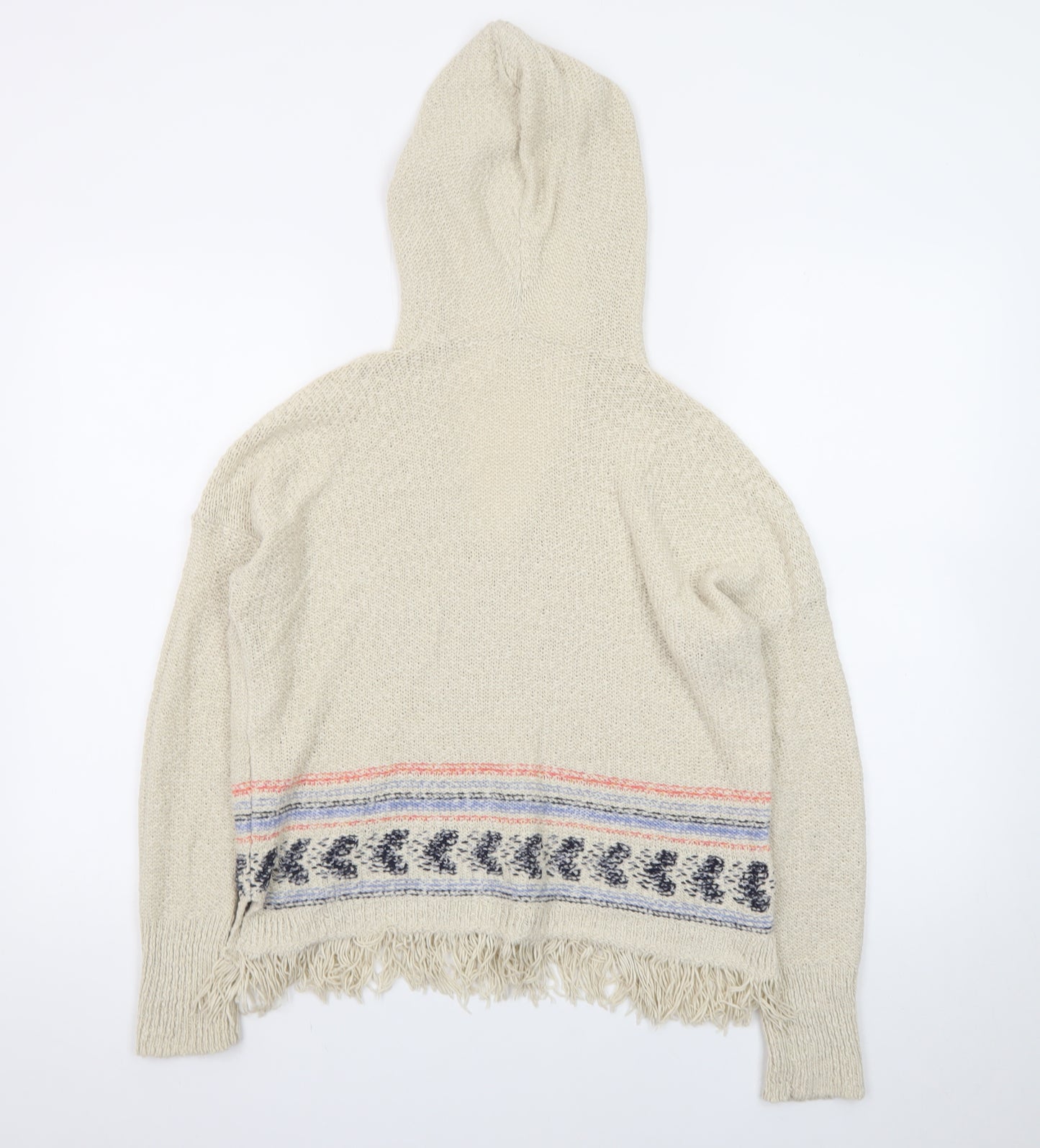 Hollister Women Beige Hooded Pullover Jumper S Cotton Fringe Knit