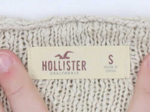 Hollister Women Beige Hooded Pullover Jumper S Cotton Fringe Knit