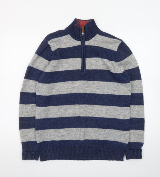 Jack Russell Men’s Blue Grey Striped 1/2 Zip Wool Jumper M
